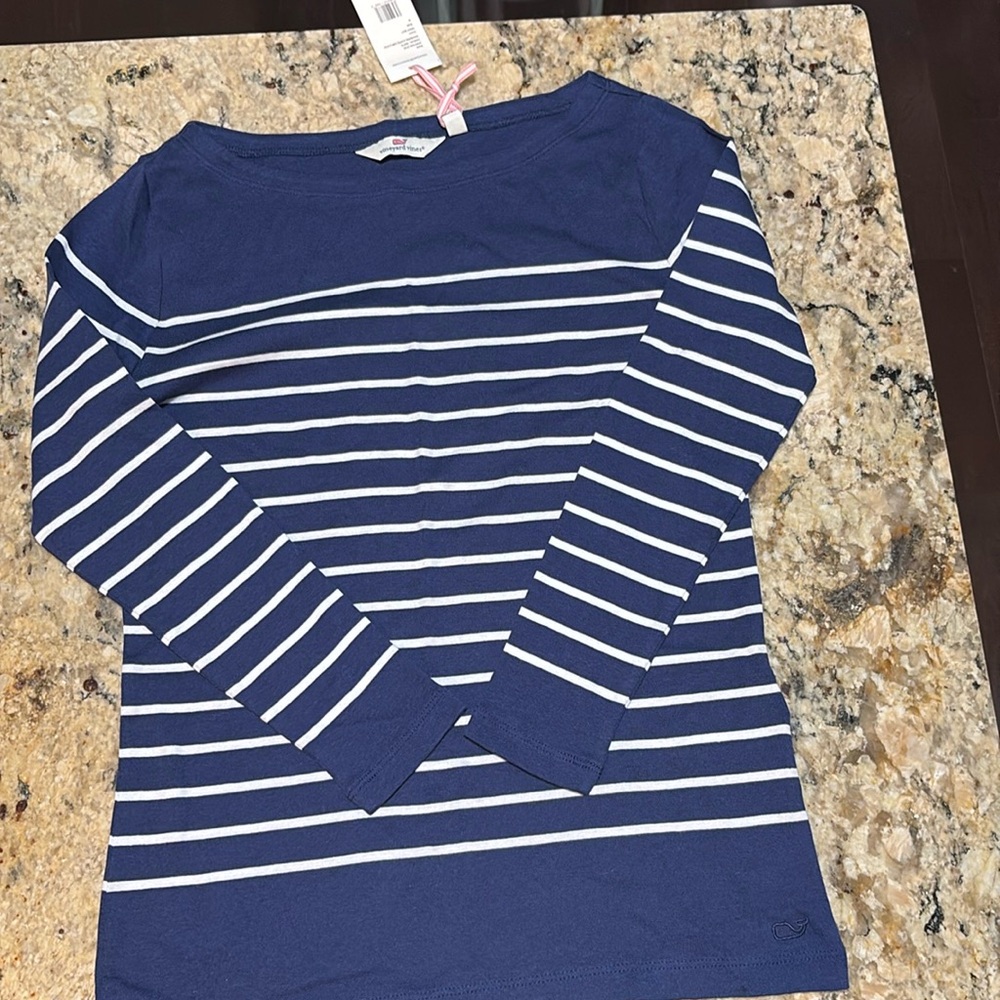 NWT Vineyard Vines S long sleeved striped navy and white shirt